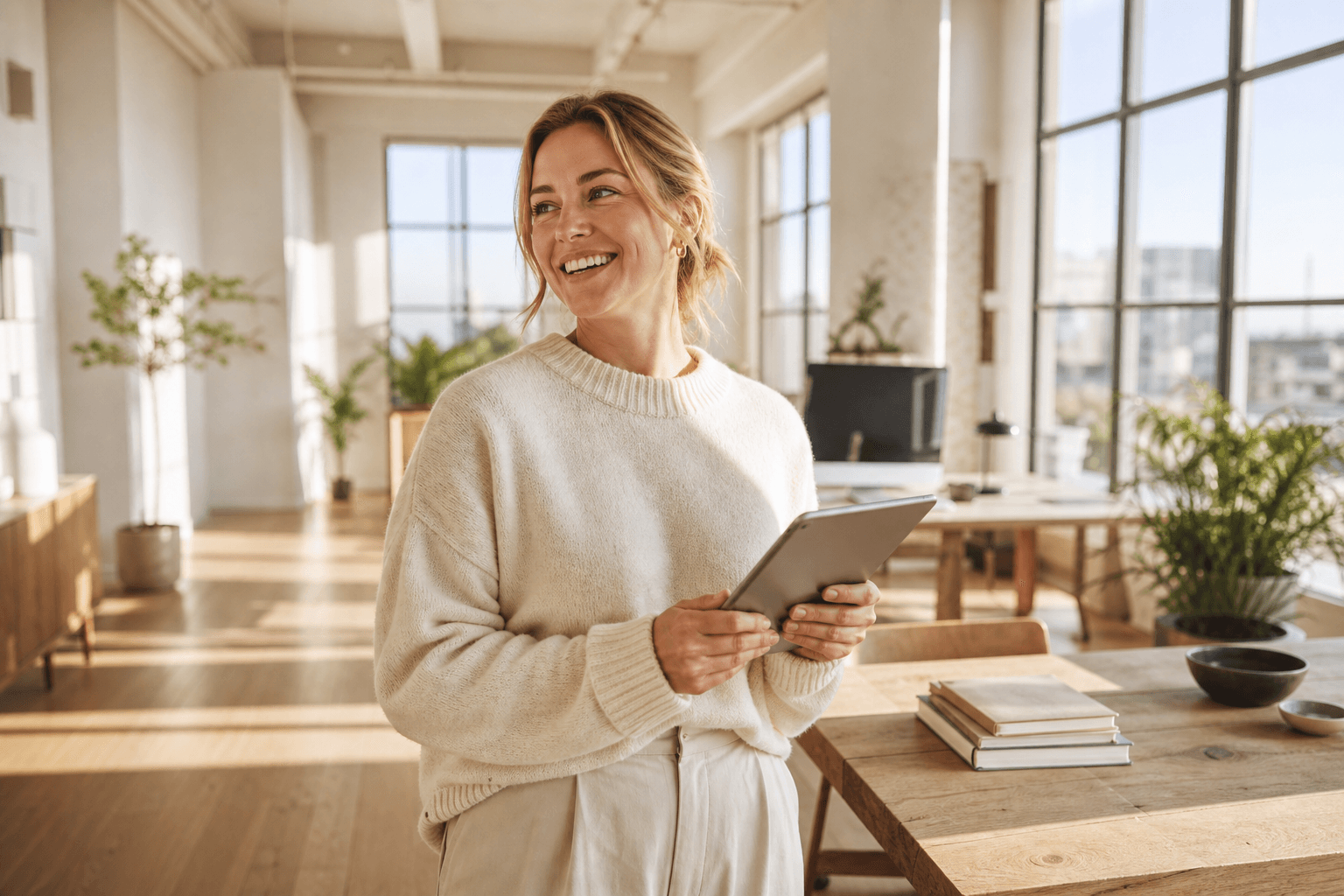 A founder in a cream sweater laughing softly while holding a tablet in a sun-drenched modern office.