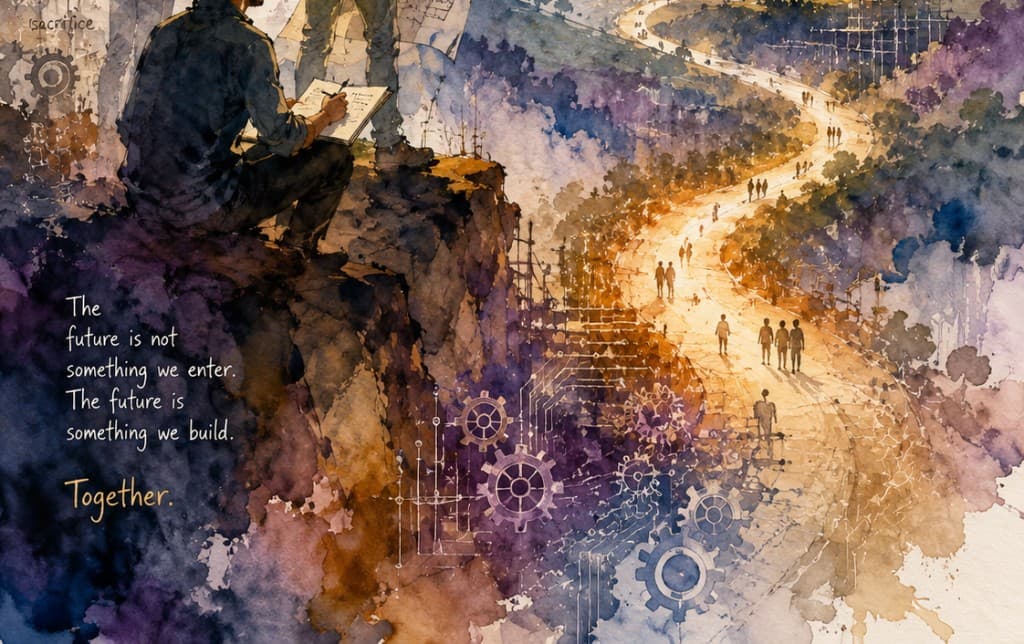 A watercolor scene of a founder sketching on a cliff edge as people walk a glowing path toward a future city, with the hand-lettered words: the future is not something we enter, the future is something we build. Together.