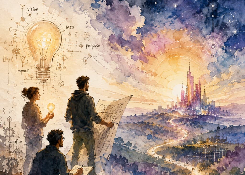A watercolor scene of three founders gathered around a glowing lightbulb annotated with the words vision, idea, purpose, impact and sacrifice, looking out over a valley toward a luminous future city at sunset.